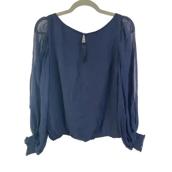 Alice + Olivia 100% Silk Sheer Blouson Sleeves Blouse Navy Blue Size MEDIUM